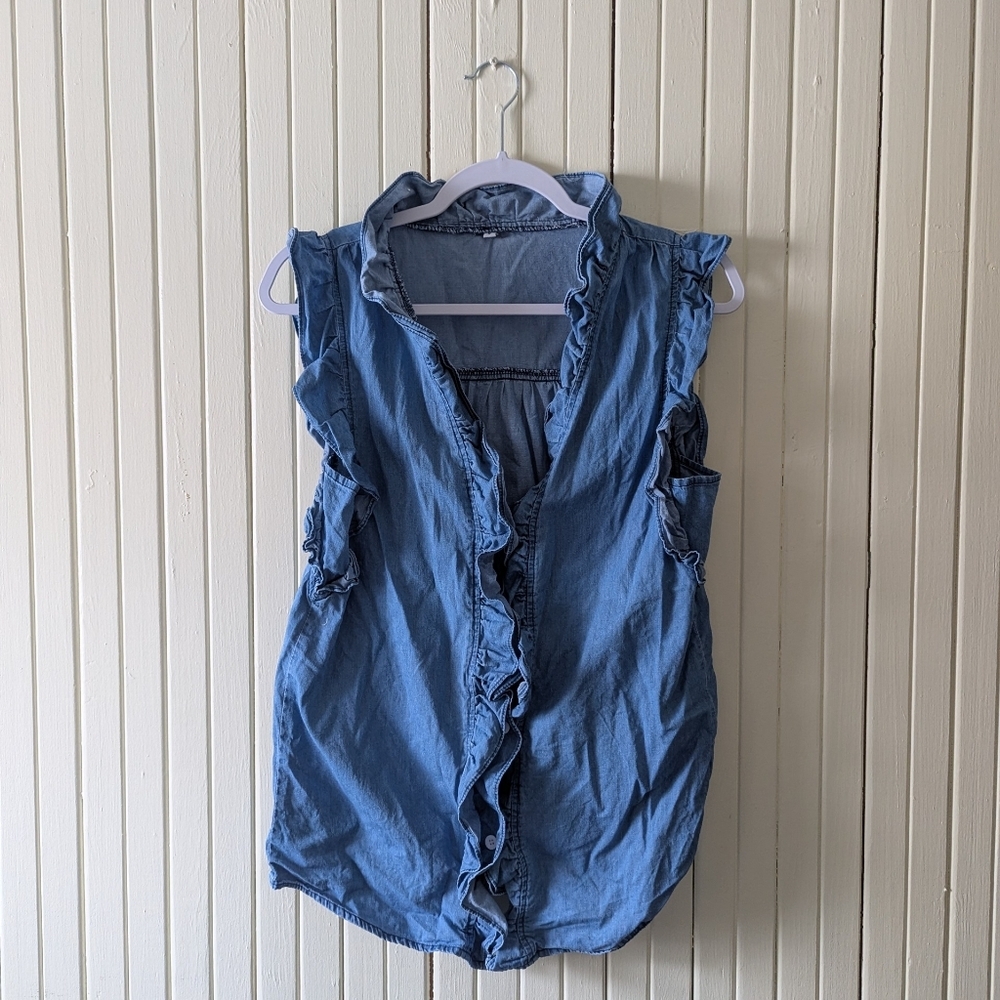 Blue Denim Chambray Button Down Short Sleeve Top Ruffle Collar Women's Small